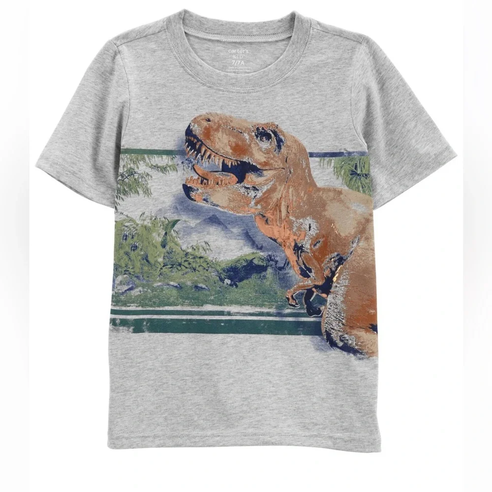 Carter’s Kids Gray T-Rex Dinosaur Graphic Tee Boys Size 8 Short Sleeve Shirt